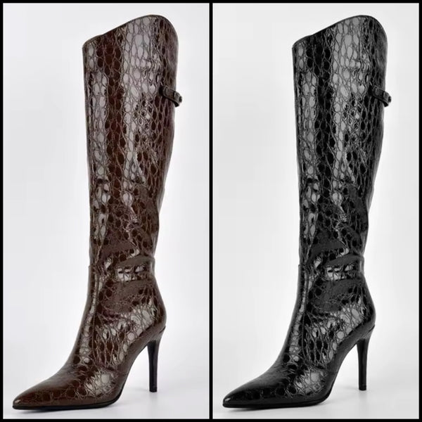 Women Pointed Toe Zip Up High Heel Knee Length Boots