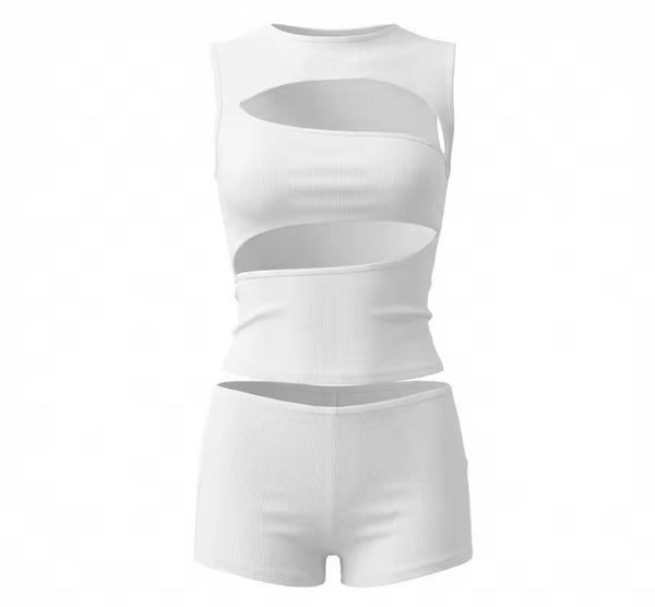 Women Sexy Sleeveless Cut Out Two Piece Short Set