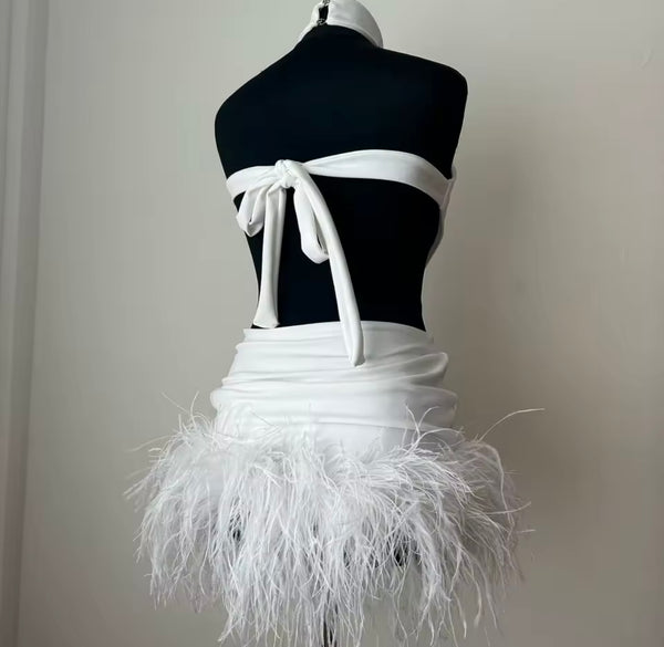 Women Sexy Halter Sleeveless Cut Out Feather Dress