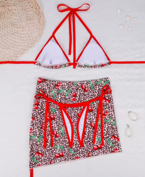 Women Sexy Halter Cherry Leopard Print Bikini Cover Up Set
