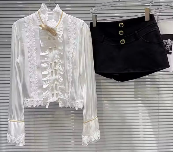 Women Ruffled Button Up Full Sleeve Two Piece Suede Short Set
