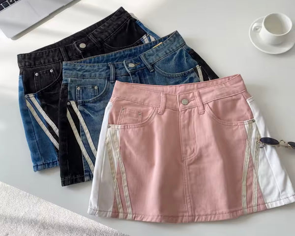 Women Fashion Striped Color Patchwork Denim Skirt