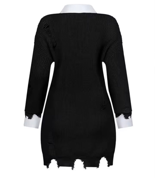 Women B&W Collar Full Sleeve Fashion Sweater Dress