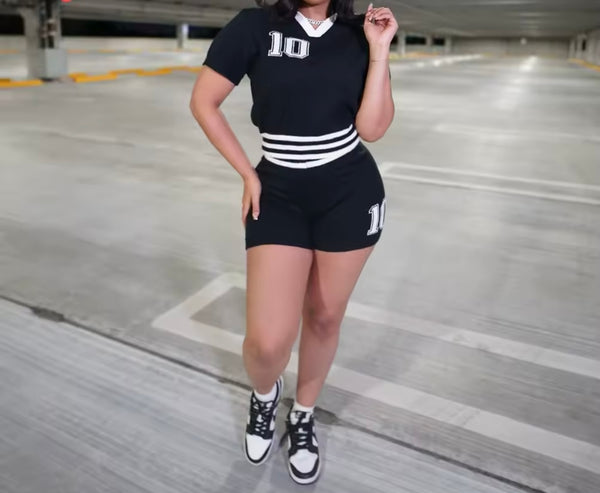 Women Fashion Number Short Sleeve Color Patchwork Two Piece Short Set
