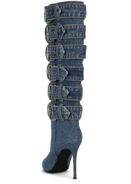 Women Fashion High Heel Buckled Denim Knee High Boots