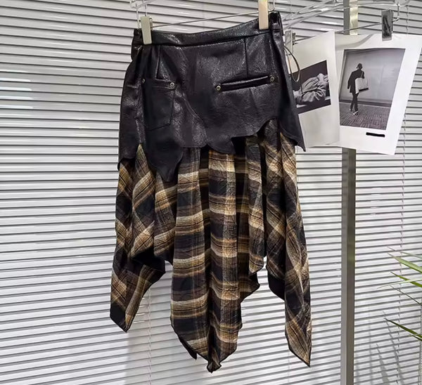 Women Faux Leather Plaid Belted Fashion Skirt