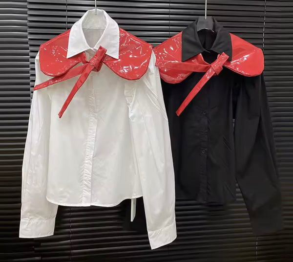 Women Button Up Full Sleeve PU Shawl Two Piece Top
