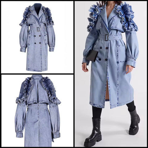 Women Fashion Blue Ruffled Denim Trench Jacket