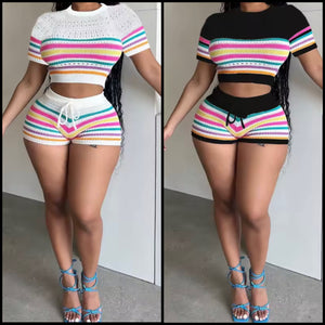 Women Fashion Colorful Striped Short Sleeve Two Piece Short Set