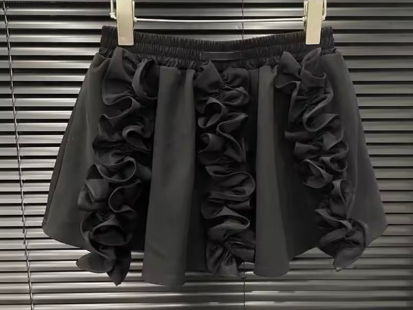 Women Fashion Black Ruffled Zip Up Jacket Two Piece Skirt Set