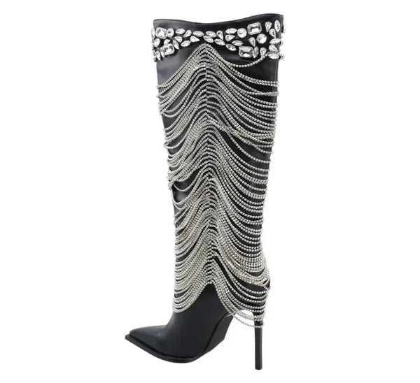 Women Black Fashion Bling Tassel Knee High Boots