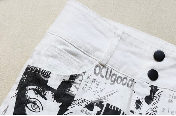 Women Fashion White Graffiti Print Denim Skirt