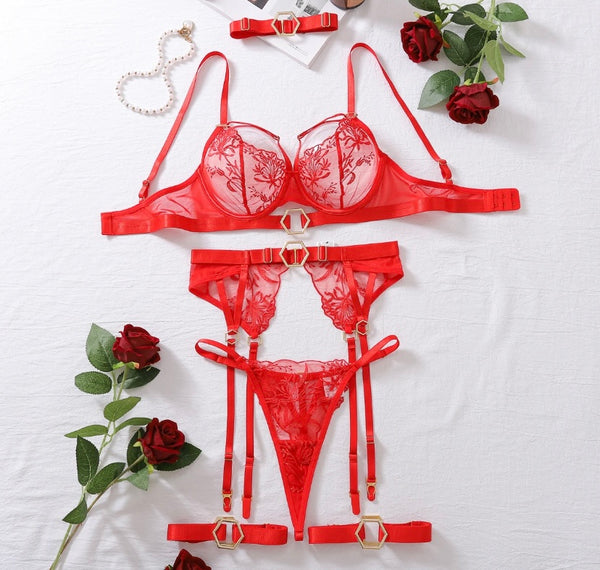 Women Sexy Red Gold Metal Lace Lingerie Set