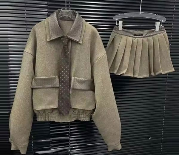 Women Fashion Tie Leather Patchwork Pleated Two Piece Skirt Set