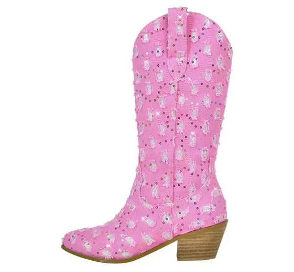 Women Fashion Sequins Denim Western Mid-Calf Boots