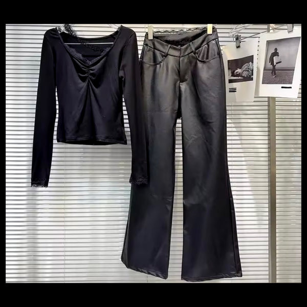 Women Black Fashion Full Sleeve Two Piece Faux Leather Pant Set