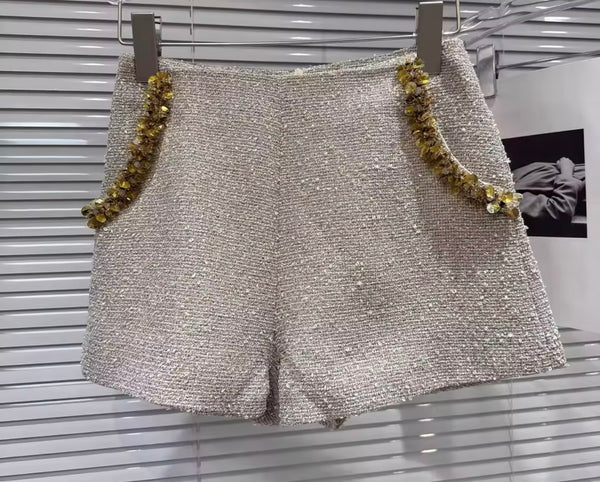 Women Gold Sequins Patchwork Tweed Three Piece Short Set