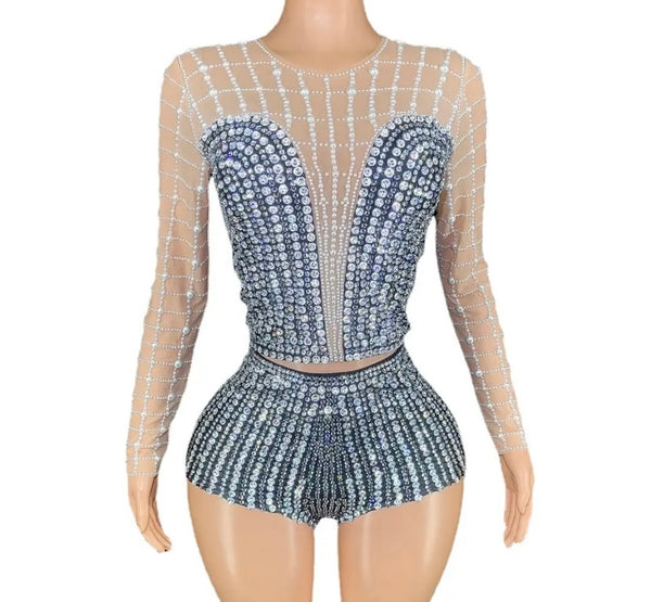 Women Sexy Beaded Bling Full Sleeve Two Piece Mesh Short Set