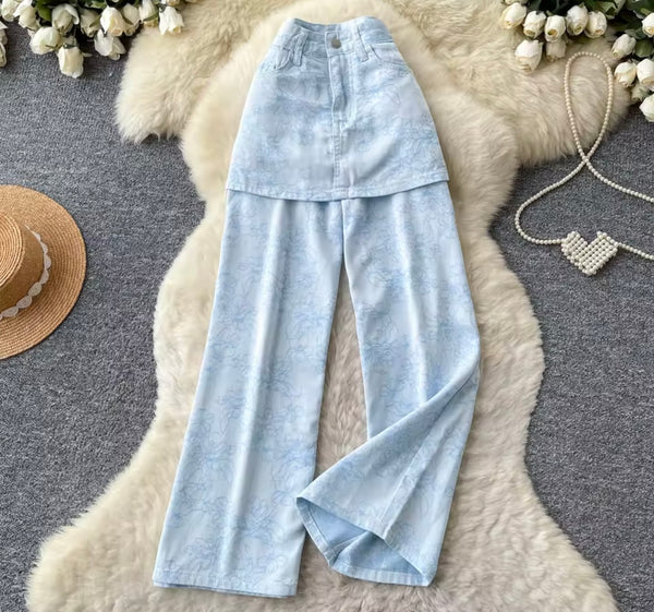 Women Fashion Color Floral Print Denim Wrap Pants