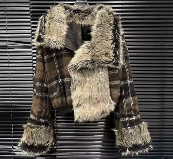 Women Faux Leather Reversible Plaid Fur Two Piece Skirt Set