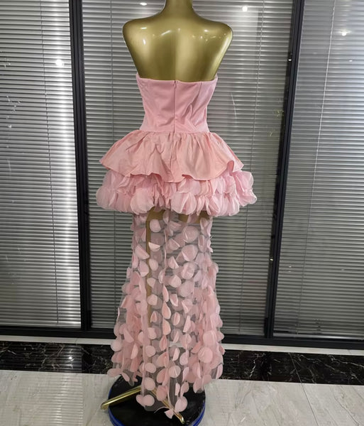 Women Sexy Strapless Ruffle Floral Mesh Patchwork Maxi Dress