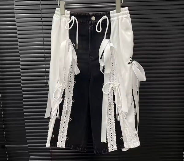 Women Fashion Color Patchwork Lace Tie Up Denim Capri Pants
