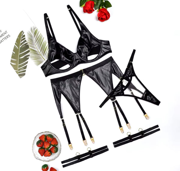 Women Sexy Black PU Mesh Thong Lingerie Set