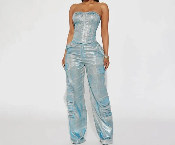 Women Metallic Denim Corset Fashion Two Piece Pant Set