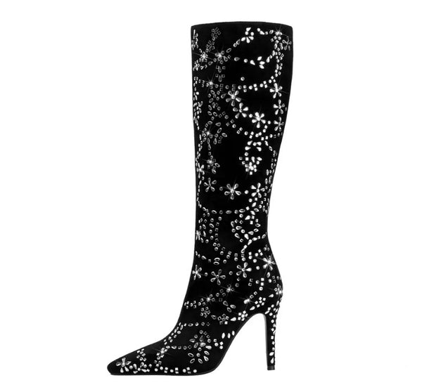 Women Fashion Black Suede Bling Knee High Boots