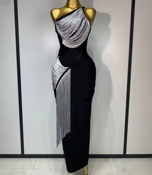 Women Black One Shoulder Sleeveless Fringe Tassel Dress