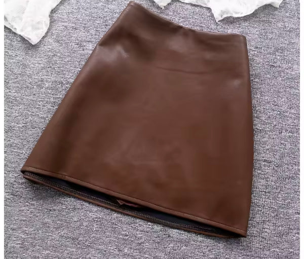 Women Sexy Fashion Lace Full Sleeve Faux Leather Two Piece Skirt Set