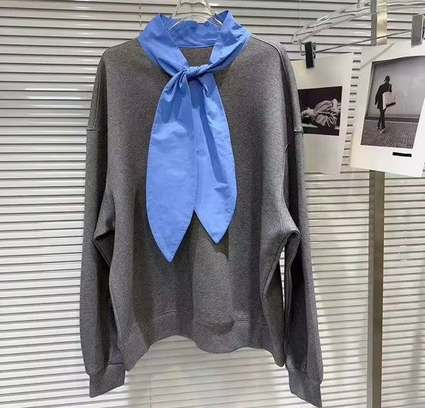 Women Collar Color Patchwork Sweater Two Piece Skirt Set