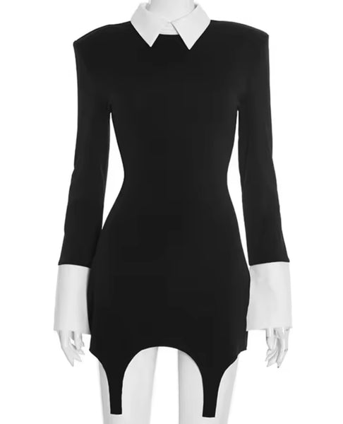 Women Sexy B&W Collar Full Sleeve Tassel Dress