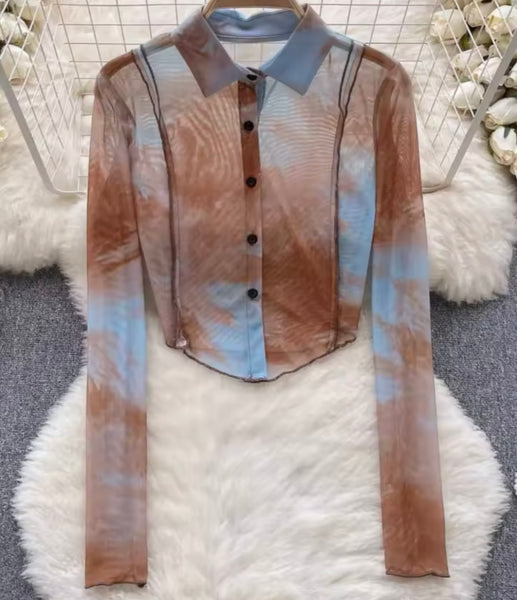 Women Fashion Collar Button Up Mesh Full Sleeve Top