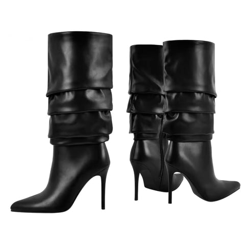 Women Fashion Pointed Toe Black Pleated High Heel Boots