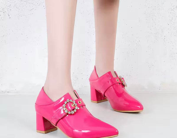 Women Color Fashion Pointed Toe Patent Leather Bling Buckled Shoes