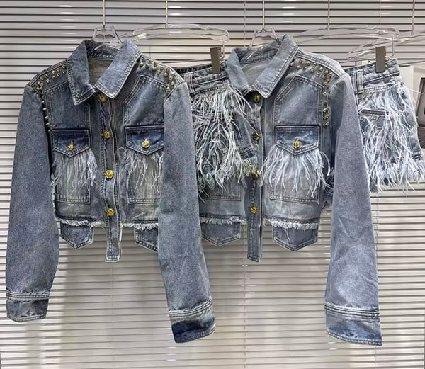 Women Fashion Rivet Feather Denim Jacket Two Piece Short Set