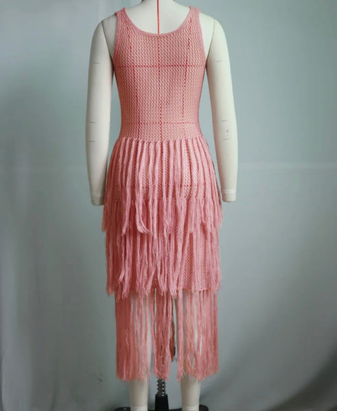 Women Sexy Sleeveless Solid Color Fringe Tassel Knitted Dress
