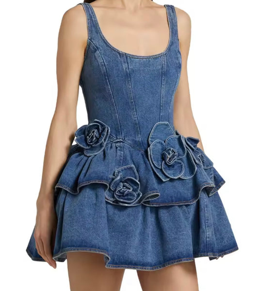 Women Sleeveless Floral Ruffled Fashion Denim Dress