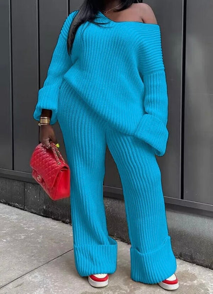 Women Solid Color Ribbed Full Sleeve Two Piece Pant Set