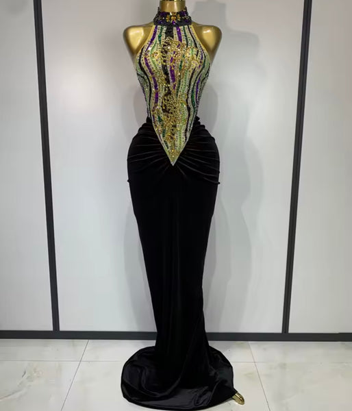 Women Halter Sleeveless Velvet Multicolored Rhinestone Maxi Dress