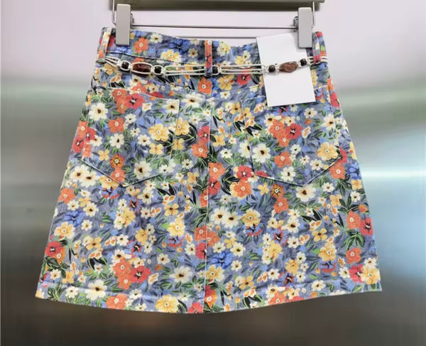 Women Sexy Fashion Floral Belted Denim Skirt