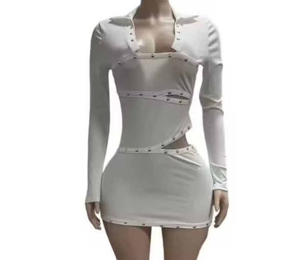 Women Sexy Collar Rivet Cut Out Full Sleeve Dress