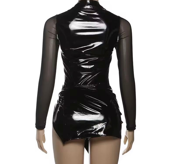 Women Sexy Black PU Mesh Zip Up Bodysuit Two Piece Skirt Set