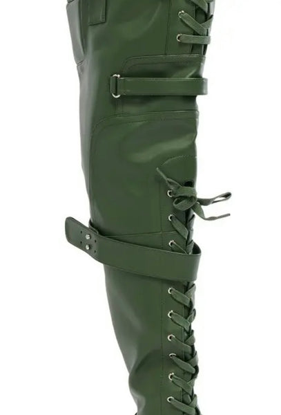 Women Green Fashion Faux Leather Lace Up Buckled Knee High Boots