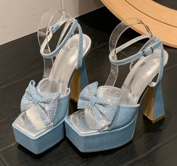 Women Fashion Denim Bow Platform Ankle Strap Sandals