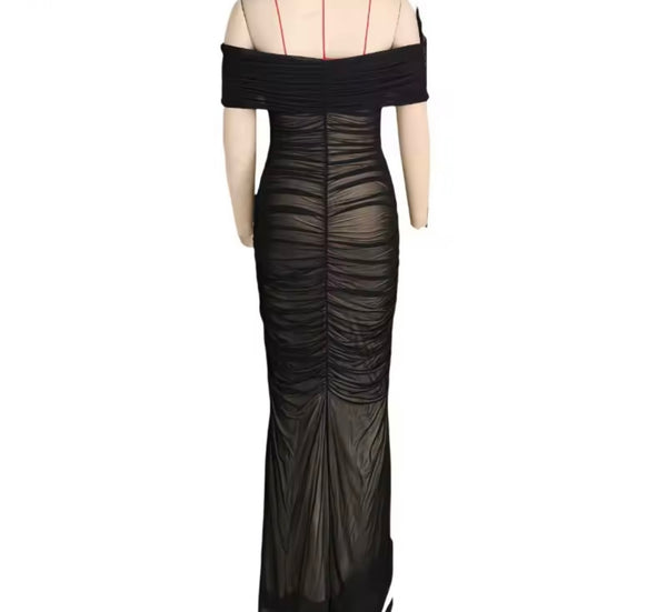 Women Sexy Off The Shoulder Color Mesh Ruched Maxi Dress