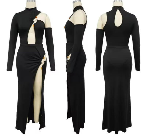 Women Sexy Cut Out Full Sleeve Side Split Maxi Dress
