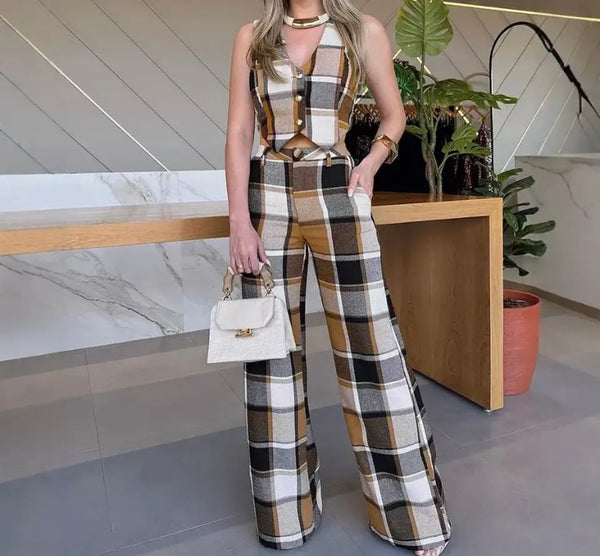 Women Fashion Plaid Sleeveless Vest Two Piece Pant Set