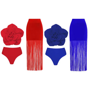 Women Sexy Color 3D Floral Bikini Tassel Cover Up Set
